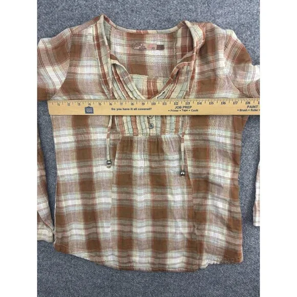 Prana Popover Shirt Women's XS Brown Plaid Button Front Long Sleeve Drawstring - Picture 3 of 6